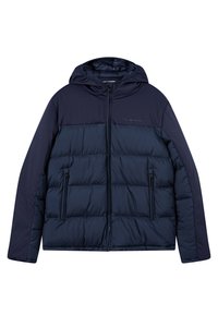 Giacca puffy blu navy con cappuccio, caratterizzata da un design trapuntato, tasche laterali con zip e un pannello superiore liscio.