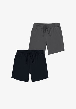 Due paia di pantaloni corti: uno grigio scuro e uno blu navy, con vita elastica e coulisse; texture liscia, design basic.