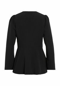 Černá peplum bunda s dlouhými rukávy, strukturovaným korzetem a zúženým pasem. Hladká tkanina s jemným leskem a minimalistickým designem.