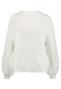 Flauschiger weißer Strickpullover mit Rundhalsausschnitt, überschnittenen Schultern, langen Ärmeln und geripptem Saum und Bündchen, der ein strukturiertes Muster aufweist.