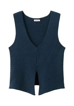 Donkerblauw mouwloos gebreid vestje met een diepe V-hals en een opening aan de voorkant, met een subtiel gestructureerd patroon over het hele oppervlak.