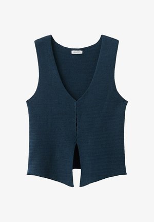 Veste en tricot sans manches bleu foncé avec un profond col en V et une ouverture à l'avant, arborant un motif texturé subtil sur toute la surface.