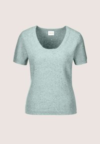 Lichtblauwe korte mouwen trui met een ronde hals, voorzien van een zachte textuur en verspreide zilveren versieringen.