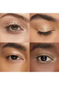 Vier close-up beelden van diverse ogen met gouden oogschaduw en gedefinieerde wimpers, die variaties tonen met open en gesloten oogleden.