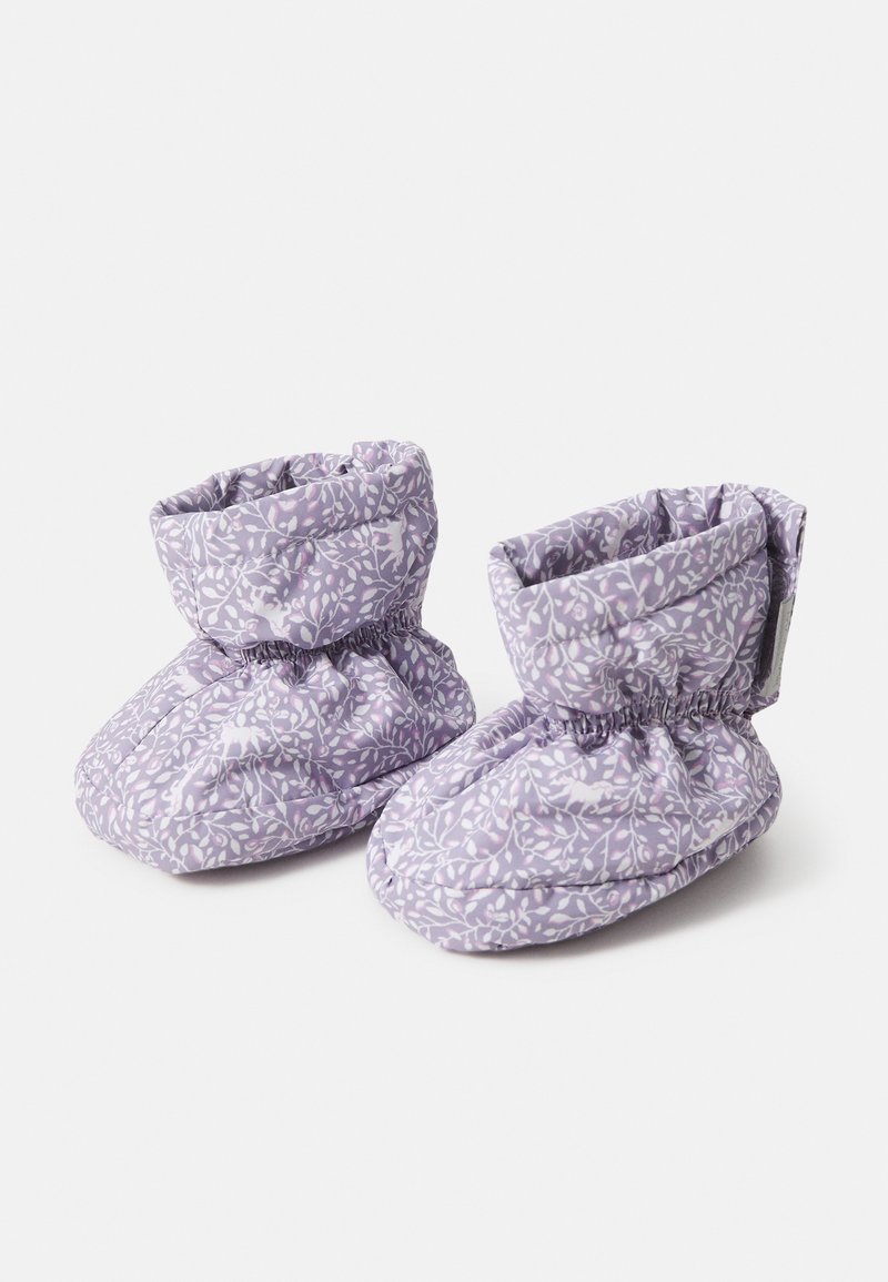 Purple fabric booties with a floral pattern and gathered ankle, featuring a soft texture and rounded toe design for comfort.