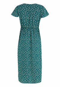 Robe bleu sarcelle mi-longue avec manches courtes, taille élastique et petit motif floral blanc sur le tissu.
