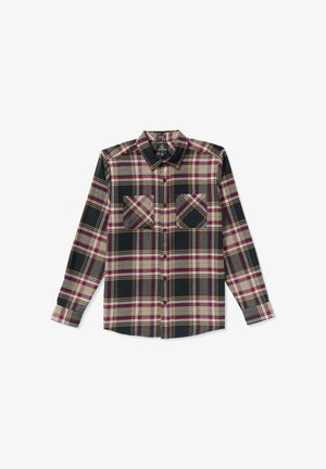 Camisa de franela a cuadros en negro, rojo y verde con dos bolsillos en el pecho. Presenta mangas largas y un diseño de botones. Textura de tela suave.