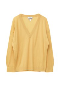 Pull jaune à manches longues avec col en V, poignets et ourlet côtelés, présenté à plat sur fond blanc.