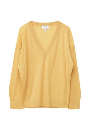 Pull jaune à manches longues avec col en V, poignets et ourlet côtelés, présenté à plat sur fond blanc.