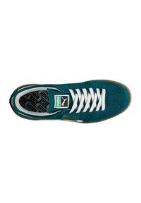 Türkisfarbenes Wildleder-Sportschuh mit weißen Schnürsenkeln, Gummisohle und grünem Markenlabel. Verfügt über gestickte Akzente und eine gemusterte Innensohle.