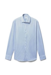 Helles blaues Button-Down-Hemd mit karierter Musterung, langen Ärmeln, spitzem Kragen und geradem Saum. Hergestellt aus gewebtem Stoff.