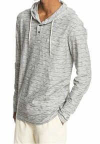 Lätt grå och vit randig långärmad hoodie med framficka, treknapps placket och dragsko på huvan.