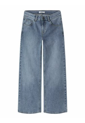 Jean bleu à jambes larges avec fermeture avant par bouton et fermeture éclair, passants de ceinture et cinq poches, présenté sur fond blanc.