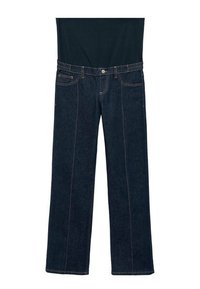 Mörkblå gravidjeans med elastisk svart midjeband och framfickor, uppställda platt mot en vit bakgrund.