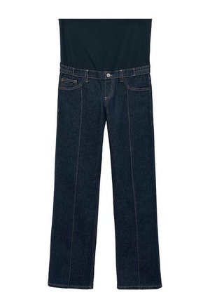 Dunkelblaue Umstandsjeans mit einem elastischen schwarzen Bund und vorderen Taschen, flach auf einem weißen Hintergrund präsentiert.
