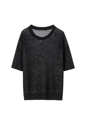 Schwarzer kurzärmeliger Pullover aus strukturiertem Stoff mit einem weichen, gestrickten Kragen und subtilen Glitzerakzenten im Material.