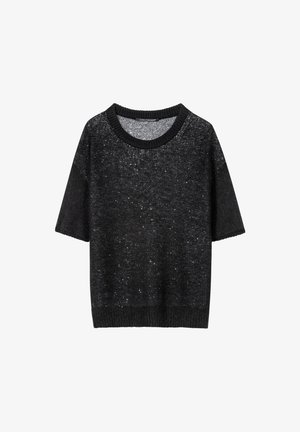 Schwarzer kurzärmeliger Pullover aus strukturiertem Stoff mit einem weichen, gestrickten Kragen und subtilen Glitzerakzenten im Material.