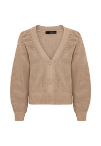 Beżowy sweter robiony na drutach z dekoltem w serek, długimi rękawami i czterema zapięciami na guziki. Posiada fakturowany wzór oraz prążkowane wykończenie.