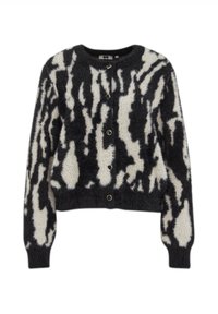 Svart och vit fluffig cardigan med ett zebraliknande mönster, rund hals, sex guldfärgade knappar samt ribbade ärmslut och nederkant.