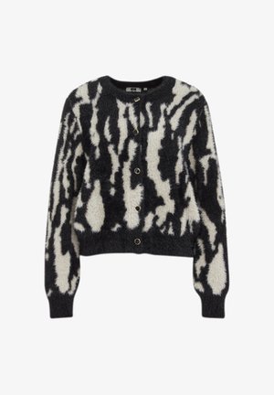 Čierny a biely chĺpkový cardigan so vzorom pripomínajúcim zebru, okrúhly výstrih, šesť zlatých gombíkov a rebrované manžety a lem.