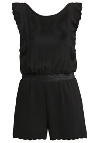 Rompers noirs avec bords festonnés, détails en œillets sur les épaules, taille élastique et tissu texturé. Les shorts présentent des ourlets festonnés.