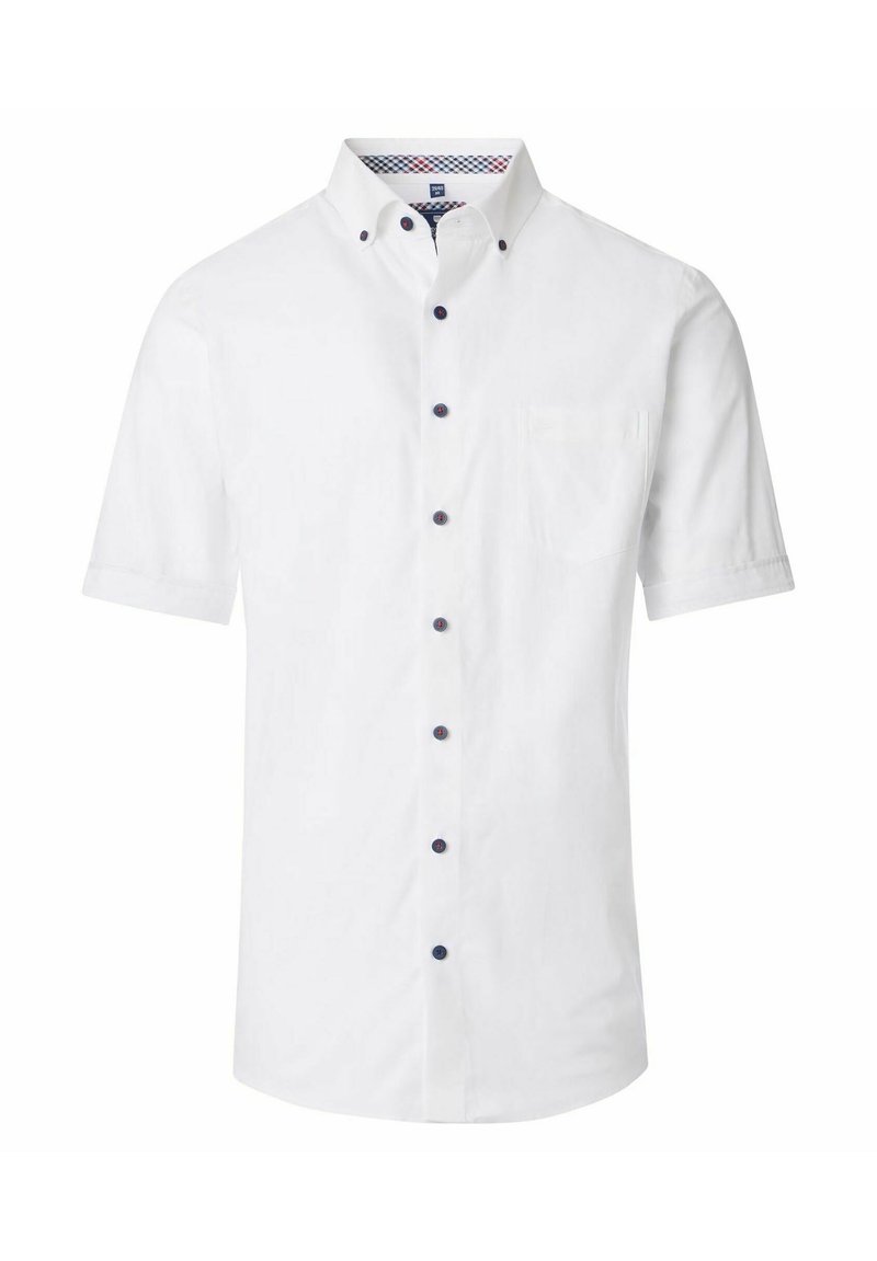 Korte mouwen witte shirt van katoen, met een button-down kraag, een voorzak en donkere knopen langs de sluiting. Gestreepte binnenkant.