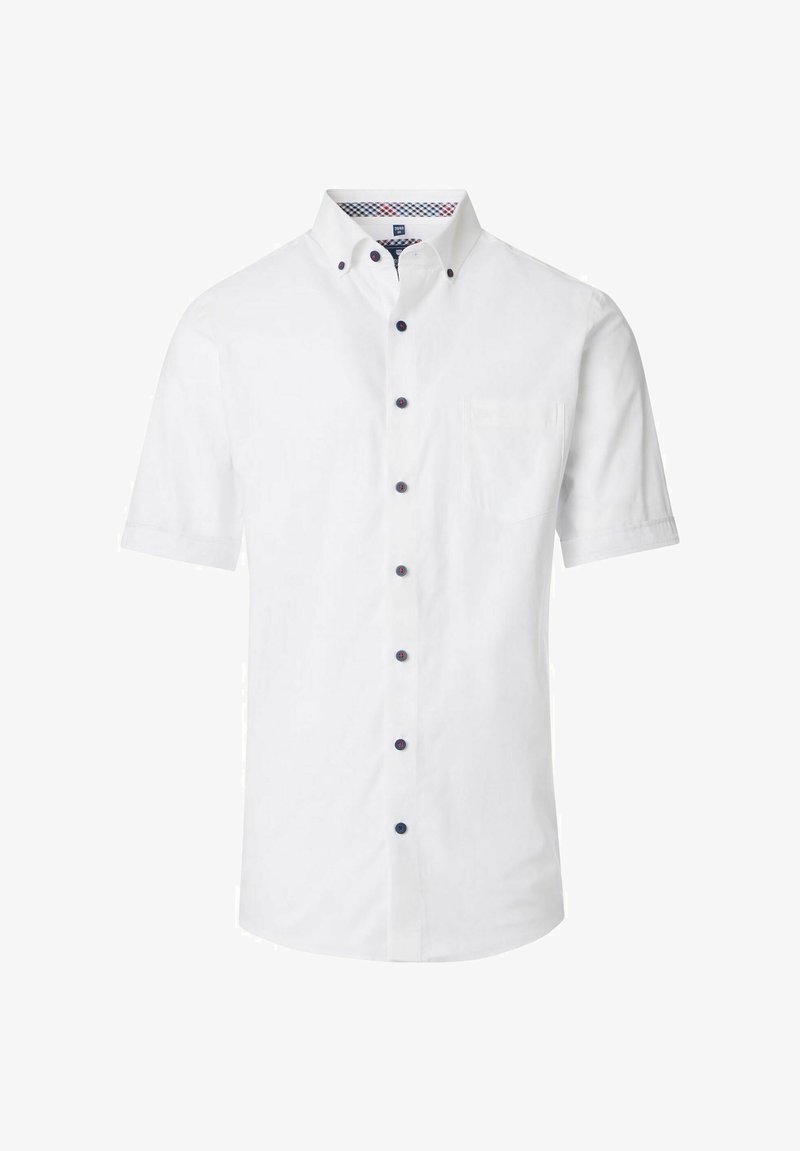 Korte mouwen witte shirt van katoen, met een button-down kraag, een voorzak en donkere knopen langs de sluiting. Gestreepte binnenkant.