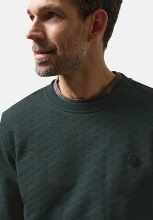 Man with short dark hair and light stubble wearing a dark green patterned crewneck sweatshirt with a small round logo on the chest.