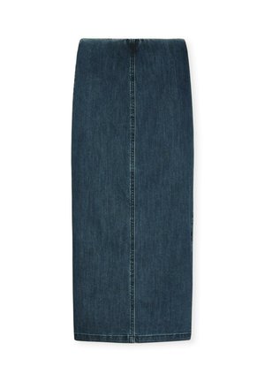 Mørkeblå denim blyantskirt med synlig center-søm og sideslids, der har en længde til knæet.