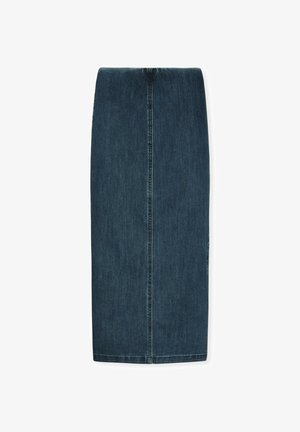 Mørkeblå denim blyantskirt med synlig center-søm og sideslids, der har en længde til knæet.