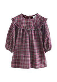 Karo-Kleid mit Rüschenausschnitt, in pinken, schwarzen und weißen Karos. Lange Puffärmel mit elastischen Bündchen. Weicher Stoff. 