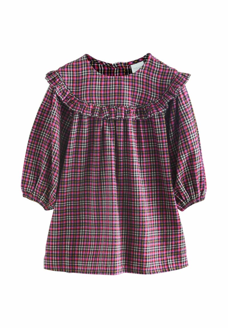 Karo-Kleid mit Rüschenausschnitt, in pinken, schwarzen und weißen Karos. Lange Puffärmel mit elastischen Bündchen. Weicher Stoff. 