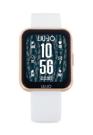Smartwatch con quadrante rettangolare, ghiera color oro, cinturino in silicone bianco e display colorato con vari icone e dati.