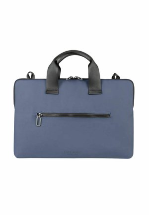 Borsa per laptop rettangolare blu con manici neri, tasca frontale con zip e chiusura principale con cerniera.