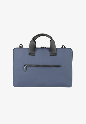 Borsa per laptop rettangolare blu con manici neri, tasca frontale con zip e chiusura principale con cerniera.