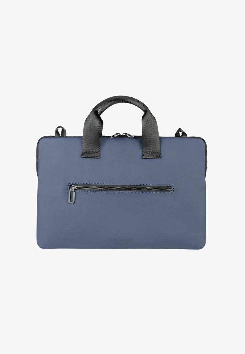Borsa per laptop rettangolare blu con manici neri, tasca frontale con zip e chiusura principale con cerniera.