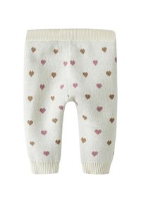 Pantalons en coton crème tricotés, avec une taille côtelée, arborant un motif de cœurs roses et marron disposés uniformément.