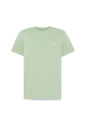 T-shirt di cotone verde chiaro con maniche corte, collo rotondo, con un piccolo logo sulla parte sinistra del petto. Texture liscia, vestibilità classica.