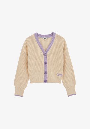 Bež pletena jopica z vijoličnim robom, gumbi na sprednji strani, dolgimi rokavi, rebrastimi manšetami in spodnjim robom ter majhnim vijoličnim napisom na spodnji strani.