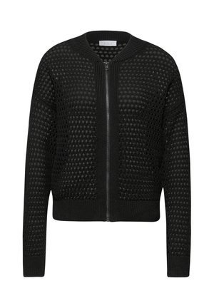 Cardigan noir en tricot à fermeture éclair avec motif en maille ouverte, col, poignets et ourlet côtelés, présenté sur un fond blanc uni.