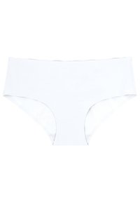 Mutande hipster in cotone bianco con una texture liscia, fascia ampia in vita e design a piena copertura. Senza motivi visibili o accessori.