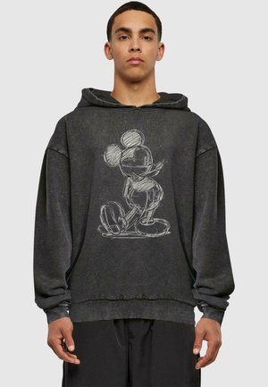 Black hoodie featuring a white sketch of a cartoon character, relaxed fit, soft texture, with a drawstring hood and ribbed cuffs.
