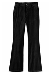 Sorte fløjl flare bukser med flad front, sidelommer og knaplukning foran. Stoffet har en tekstureret, ribbet overflade.
