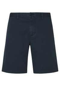Pantaloni corti blu navy in cotone, con taglio dritto, chiusura a bottoni e tasche laterali. Texture liscia con dettagli di cucitura minimali.