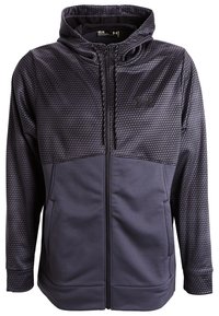 Felpa con zip grigia scura, con sezione superiore testurizzata e sezione inferiore liscia, dotata di cappuccio, tasche e chiusura con cordino.