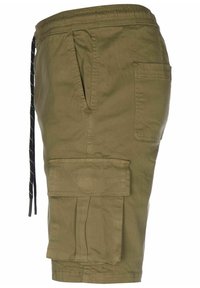 Short cargo kaki avec ceinture élastique, cordon noir, poche latérale fendue, poche arrière plaquée et grande poche cargo à rabat.