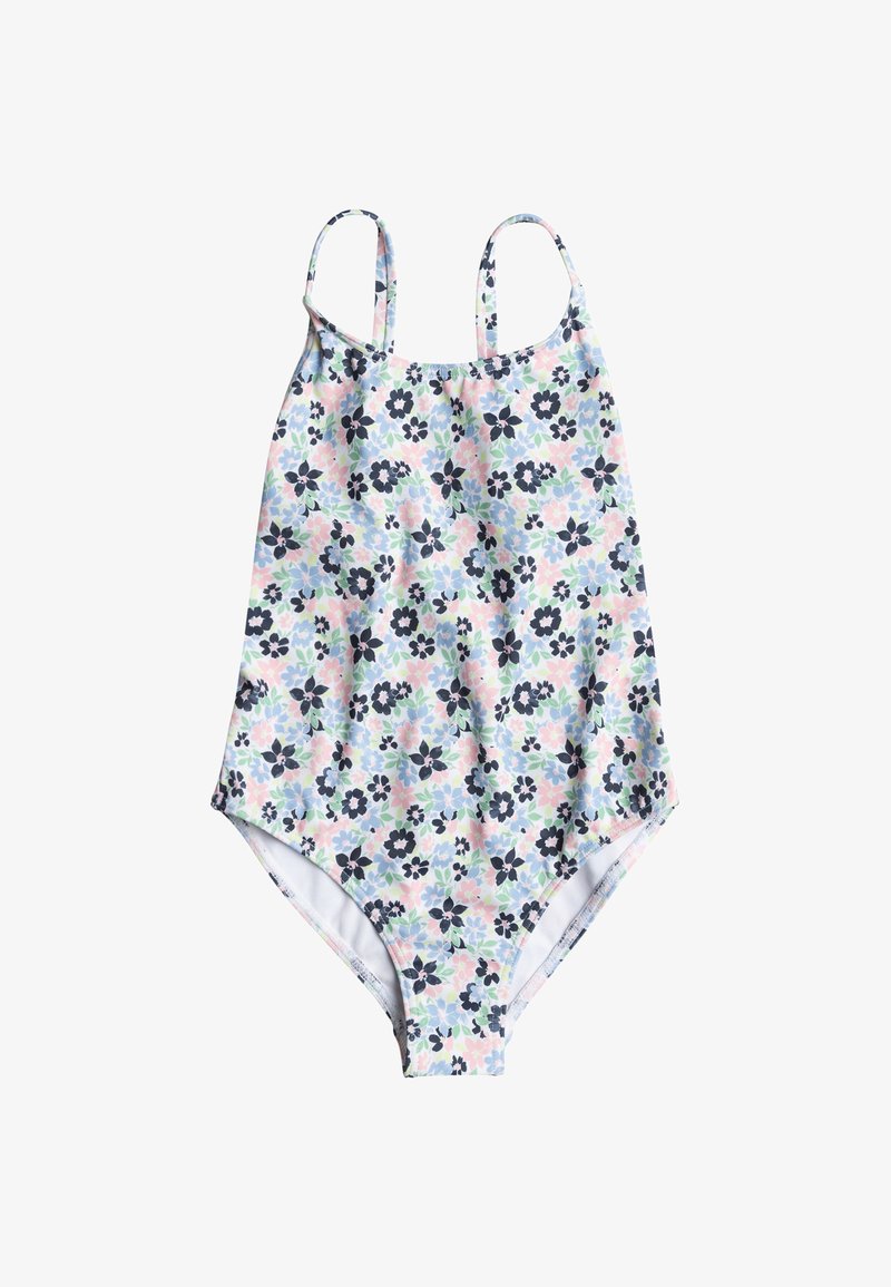 Monokini floral avec fines bretelles ; présente un motif pastel léger de fleurs roses, bleues et navy sur un fond blanc.