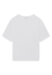Schlichtes weißes T-Shirt mit kurzen Ärmeln und Rundhalsausschnitt, lockerer Passform, ohne sichtbare Logos oder Designs.