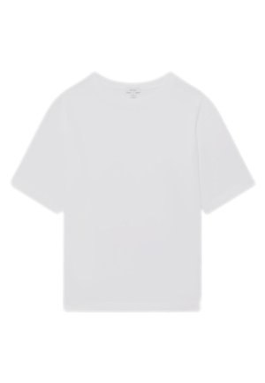 Schlichtes weißes T-Shirt mit kurzen Ärmeln und Rundhalsausschnitt, lockerer Passform, ohne sichtbare Logos oder Designs.