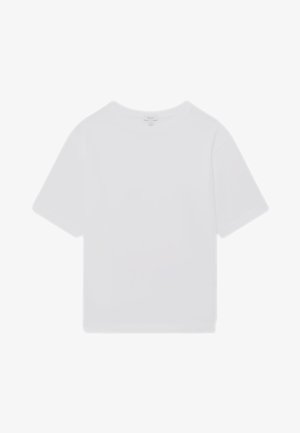 Schlichtes weißes T-Shirt mit kurzen Ärmeln und Rundhalsausschnitt, lockerer Passform, ohne sichtbare Logos oder Designs.